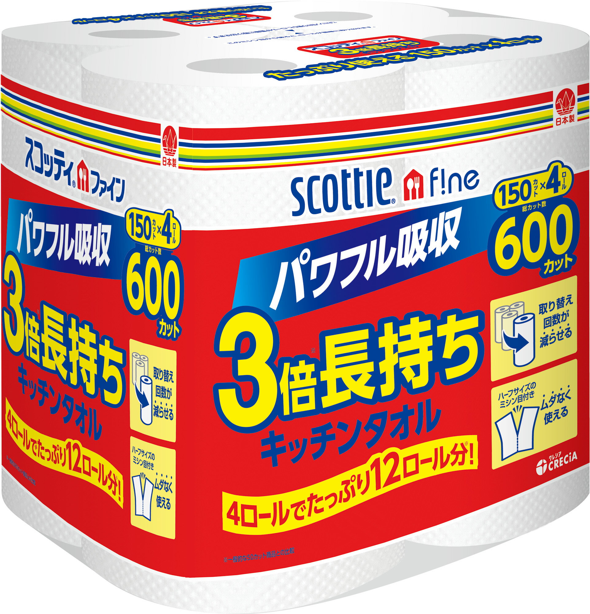 スコッティ ファイン 3倍長持ち キッチンタオル 150カット 4ロール スコッティ キッチンタオル スコッティファイン 3倍巻 長持ち 日本製紙クレシア 省スペース ミシン目入 4ロール パワフル吸収