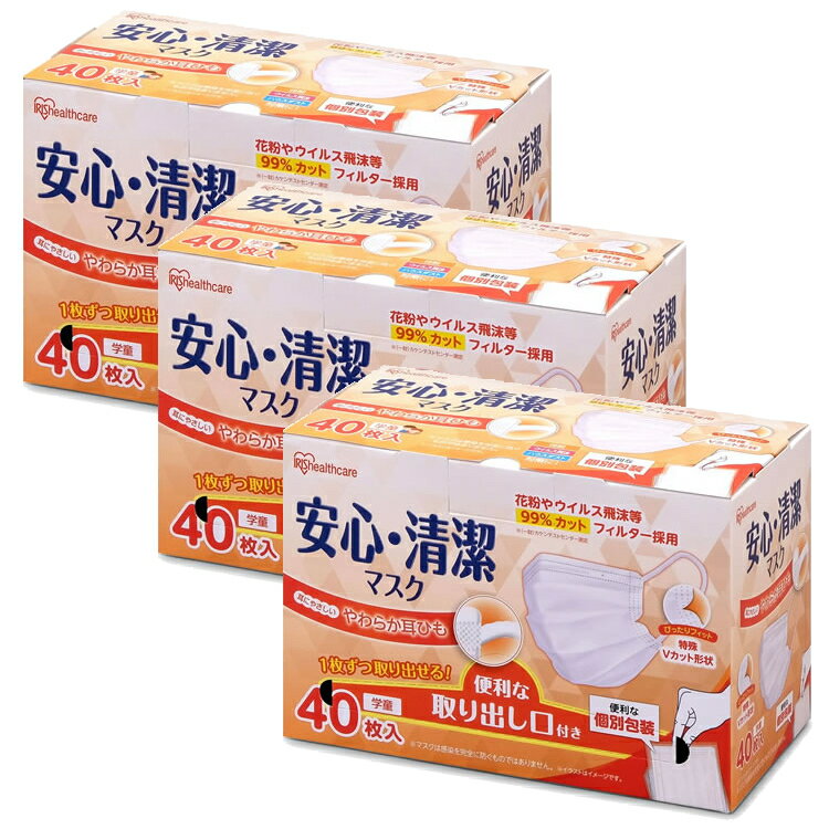 【3個セット】マスク 不織布マスク 不織布 1枚あたり19.8円 40枚 マスク 19PK-AS40G個包装 個包装マスク こども 学童 プリーツ型 心・清潔マスク 子供 花粉 不織布マスク 不織布 プリーツマスク ほこり 使い捨てマスク ますく 埃 アイリスオーヤマ 【返品不可】