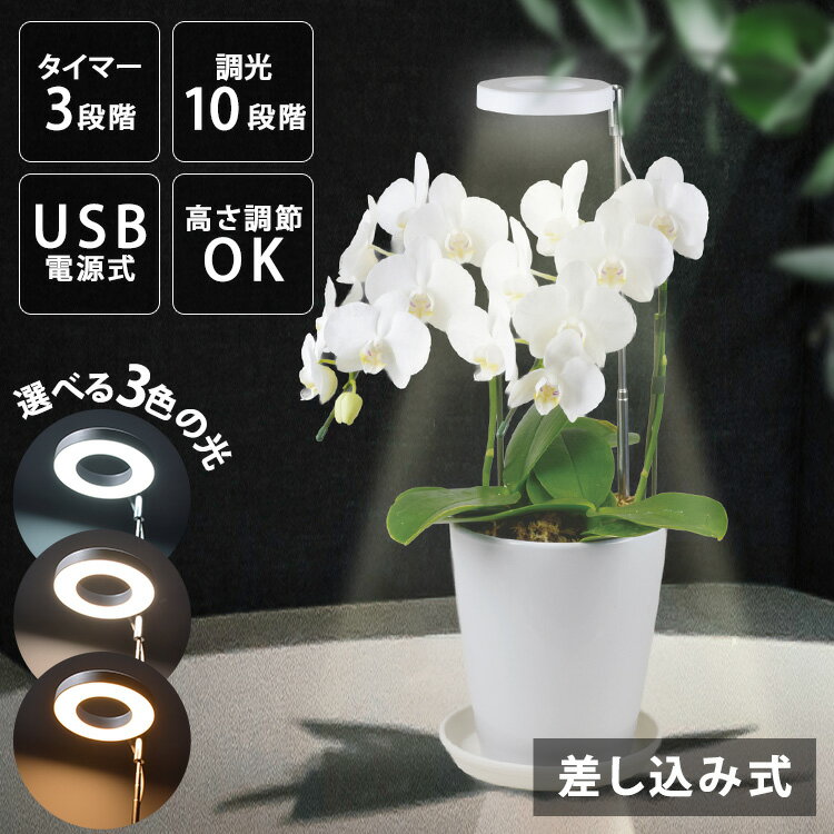 ●室内で太陽光の補完をしてくれる植物育成ライト●「白色+暖色」「白色」「暖色」の調色機能付き●10段階調光機能付き●平均演色評価数Ra90●3段階タイマー機能付き（3／9／12時間）●設置高さ約65cmまで対応●USB電源式※USBアダプター別売■電源：5V1.3A（MAX）■消費電力：約6.5W（MAX）■全光束：約285ルーメン（白色+暖色100%点灯時）■エネルギー消費効率：約44lm／W■照度：約25000ルクス（直下2.5cm／100%点灯時）、約21700ルクス（直下5cm／100%点灯時）、約9820ルクス（直下10cm／100%点灯時）、約3070ルクス（直下20cm／100%点灯時）■光合成光粒子束密度（PPFD）：約410μmol／m2s（2.5cm／100%点灯時）、約355μmol／m2s（5cm／100%点灯時）、約160μmol／m2s（10cm／100%点灯時）、約50μmol／m2s（20cm／100%点灯時）■平均演色評価数：Ra90■使用光源：白色LED・暖色LED（交換不可）■推奨照射距離：約5-10cm■調光機能：10段階（100%→90%→80%→70%→60%→50%→40%→30%→20%→10%）■タイマー機能：3段階（3・9・12時間）■使用温度範囲：-10〜40℃■保護等級：IPX3※JIS／IEC保護等級（JISC0920:2003）…鉛直より60度からの水に対して保護する（定義…鉛直より60度からの水によっても有害な影響を及ぼしてはならない。）■本体寸法：ヘッド…（約）最大径90mm、伸縮ロッド…（約）最大径8×高さ200mm（最大650mm）■本体質量：約105g■付属品：保証書（検索用：植物育成 プラント 園芸 植物 観葉植物 開花 食用ハーブ 太陽光 光合成 ライト 4971275870024）最強翌日配送対象商品に関するご案内 最強翌日配送対象商品・対象地域に該当する場合は最強翌日配送マークがご注文カゴ近くに表示されます。 最強翌日配送可能なお支払方法は【クレジットカード、代金引換、全額ポイント支払い】のみとなります。 下記の場合は最強翌日配送対象外となります。 ・15点以上ご購入いただいた場合 ・時間指定がある場合 ・ご注文時備考欄にご記入がある場合 ・決済処理にお時間を頂戴する場合 ・郵便番号や住所に誤りがある場合 ・最強翌日配送対象外の商品とご一緒にご注文いただいた場合 ・お届け先住所文字数が40文字以上の場合
