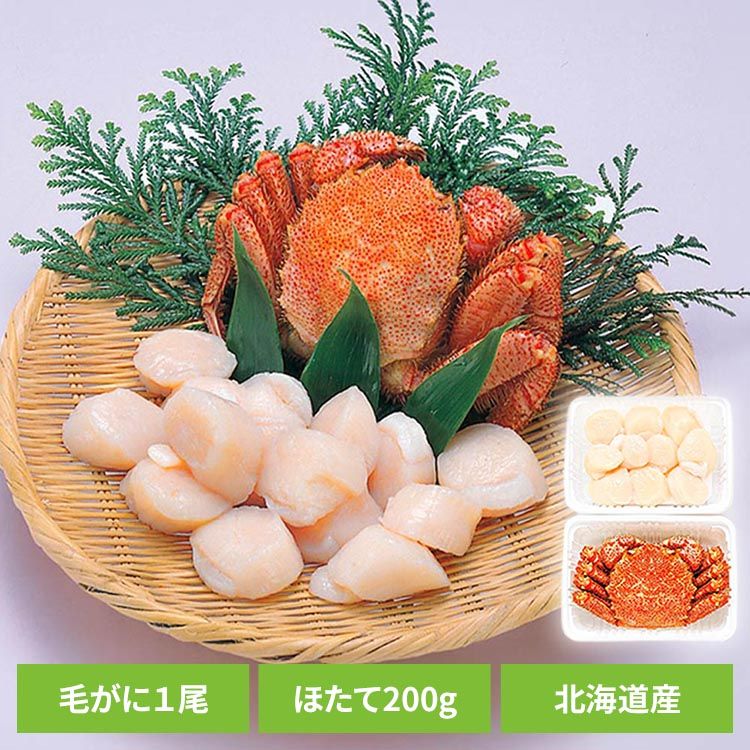 北海道オホーツク海を代表する海の幸の詰合せ。●商品サイズ（cm）幅約22×奥行約30×高さ約8●仕様【内容量】ボイル毛がに1尾、ほたて貝柱200g【保存方法】要冷凍（−18℃以下）●原材料毛がに（北海道オホーツク海産）、ほたて貝（北海道オホーツク海産）、食塩●成分【毛がに】（100g当たり）69kcal、たんぱく質16.0g、脂質0.6g、炭水化物0.1g、食塩相当量0.6g【ほたて貝柱】（100g当たり）88kcal、たんぱく質16.9g、脂質0.3g、炭水化物3.5g、食塩相当量0.3g●原産国：日本※沖縄・離島配送不可本商品はメーカーより直接お届けするため、ご注文後のキャンセル・返品・内容変更は承れません。（検索用：かに ほたて 北海道 海の幸 セット 4533526006349）最強翌日配送対象商品に関するご案内 最強翌日配送対象商品・対象地域に該当する場合は最強翌日配送マークがご注文カゴ近くに表示されます。 最強翌日配送可能なお支払方法は【クレジットカード、代金引換、全額ポイント支払い】のみとなります。 下記の場合は最強翌日配送対象外となります。 ・15点以上ご購入いただいた場合 ・時間指定がある場合 ・ご注文時備考欄にご記入がある場合 ・決済処理にお時間を頂戴する場合 ・郵便番号や住所に誤りがある場合 ・最強翌日配送対象外の商品とご一緒にご注文いただいた場合 ・お届け先住所文字数が40文字以上の場合