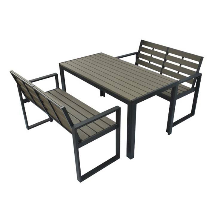 人工木テーブル長方形+背付ベンチ2台セット ダークブラウン 送料無料 ガーデンファニチャー ガーデン ガーデニング エクステリア 旭興進 【TD】 【代引不可】