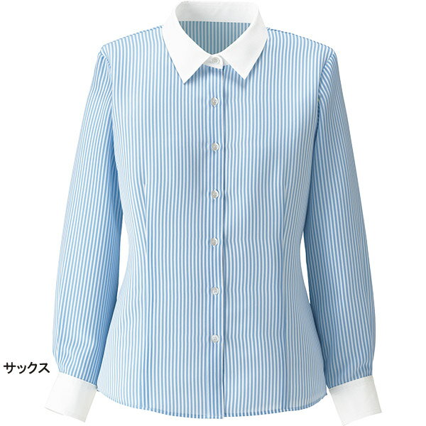 ボンオフィス事務服 【制菌加工】長袖クレリックカラーシャツブラウス RB4161 ロンドンストライプ