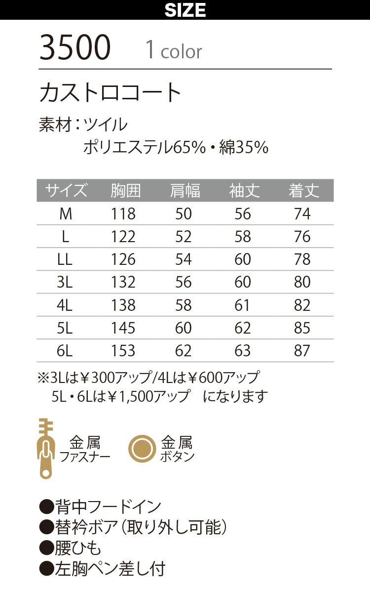 Asahicho カストロコート 3500 大きいサイズ ツイル 日本製生地 撥水 フードイン 替衿 裏地ボア 保温 暖かい ドカジャン 元祖 定番 建築 建設 土木 現場 ゆったり 防寒着 作業着 秋冬 メンズ