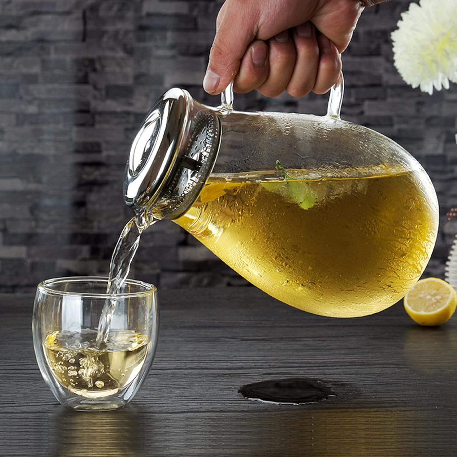 お茶ポット 耐熱 ガラスピッチャー 麦茶 冷水筒 透明 茶こし付き 蓋付き フルーツティー ジュース 飲食店 業務用 電気コンロ ガス 対応