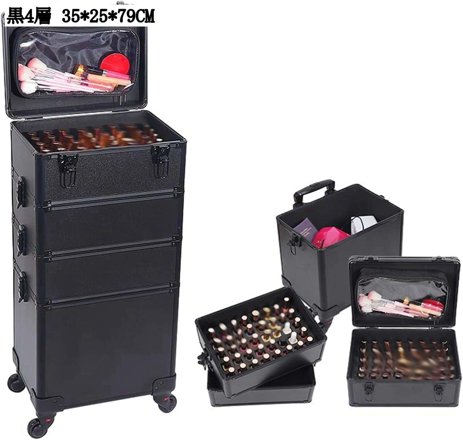 UNIIS通販のコンパクト 折り畳み コスメ収納ボックス 3層 キャスター付き ポータブル 化粧品収納 メイクボックス 大容量 便利グッズ｜アングル3
