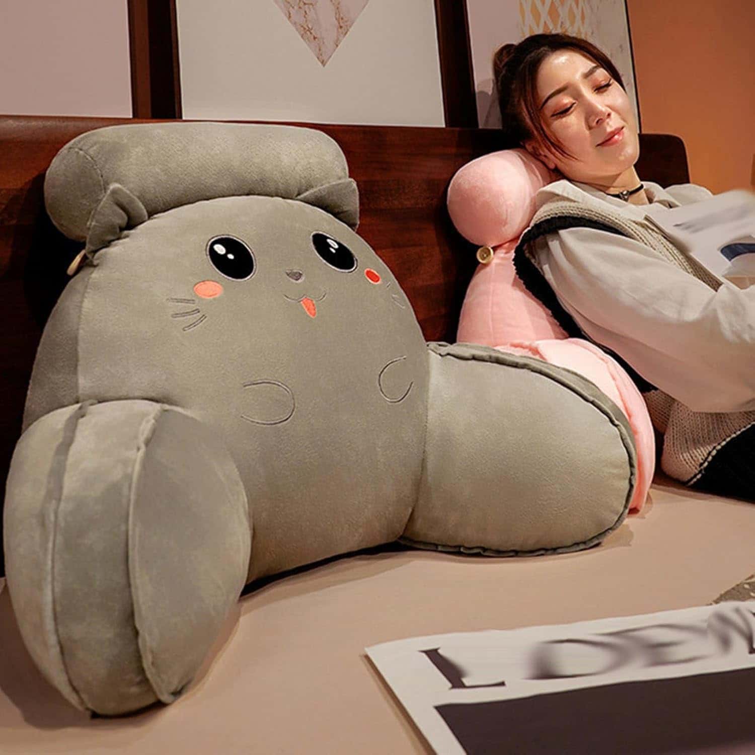 背もたれ クッション 首枕 2in1 ざぶとん 可愛い 低反発 厚手 チェアパッド 読書 体圧分散 60*35cm 大..