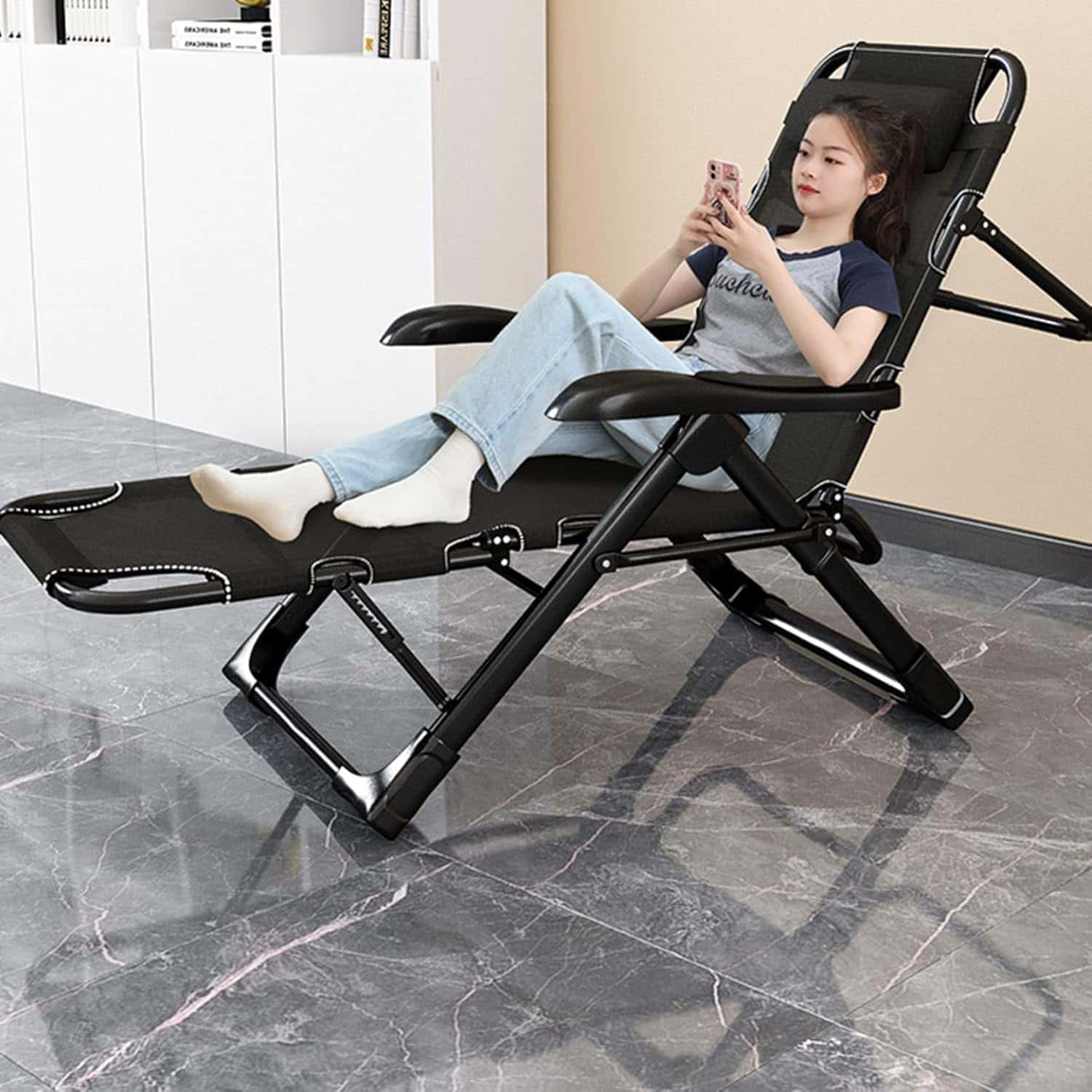 リクライニングチェア 折りたたみ 無重力チェア リラックスチェア 14段階角度調節 一人用 サウナチェア オットマン一体型 背付き 仮眠 お部屋 オフィス 昼休み 昼寝 残業 勤務 自宅用 持ち運び便利 ござ付き 180x53x114 cm