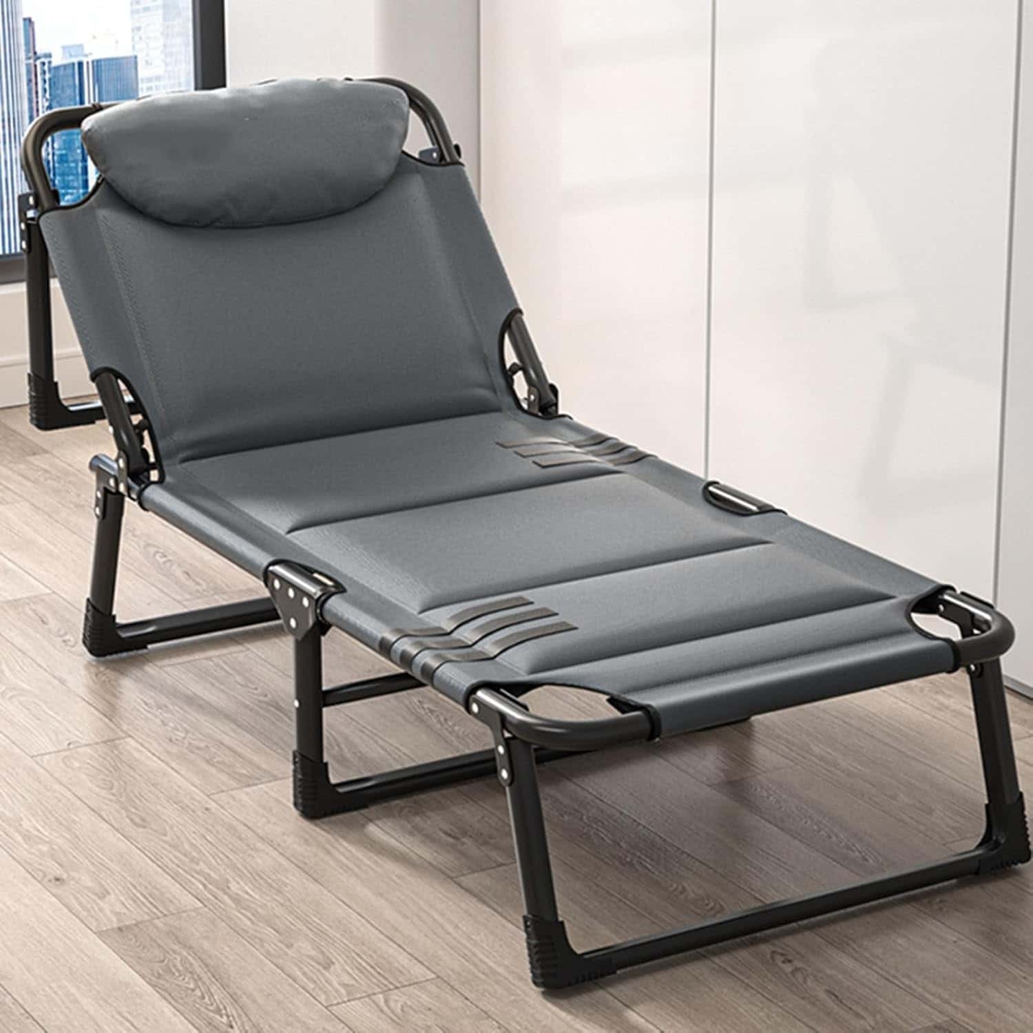 リクライニングチェア 折りたたみ オットマン一体型 一人掛け バルコニー レジャーベッド 日光浴 昼寝 残業 コンパクト 170CM*55CM /6脚 グレイ 175CM*56CM/6脚枕付き 175CM*56CM/8脚