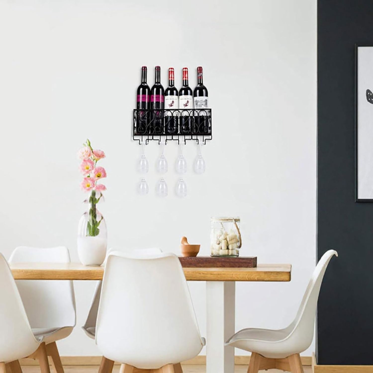 壁掛け ワインラック 5本 収納 おしゃれ シンプル ワインホルダー グラスホルダー シャンパンホルダー スパイスラック キッチン ブラック 組立式 吊り下げ 多機能 ボトルホルダー