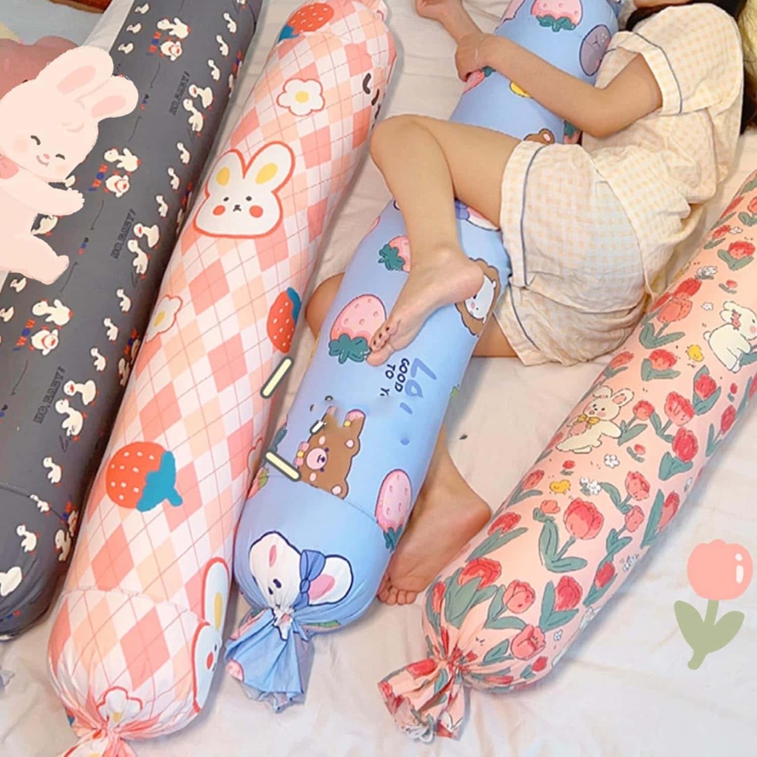 ロングクッション キャンディー 円柱形 抱き枕 在宅ワーク 苺柄 綿 マシュマロ 通気性 かわいい ボルスタークッション 低反発 長い ベッド ストレートネック枕 快眠 足置き寝具 グッズ