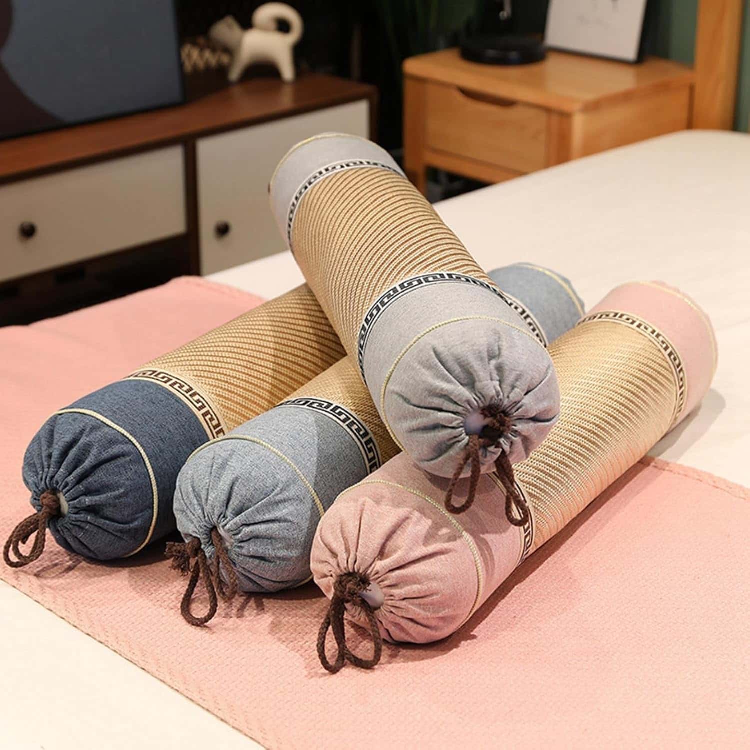 横向き寝用藤麻クッション 円柱形 ロングまくら 足枕 ボルスター 低反発 マシュマロ ストレス解消 足置き 妊婦 赤ちゃん 夏 寝具 安眠グッズ 取り外し可能 ソファー用