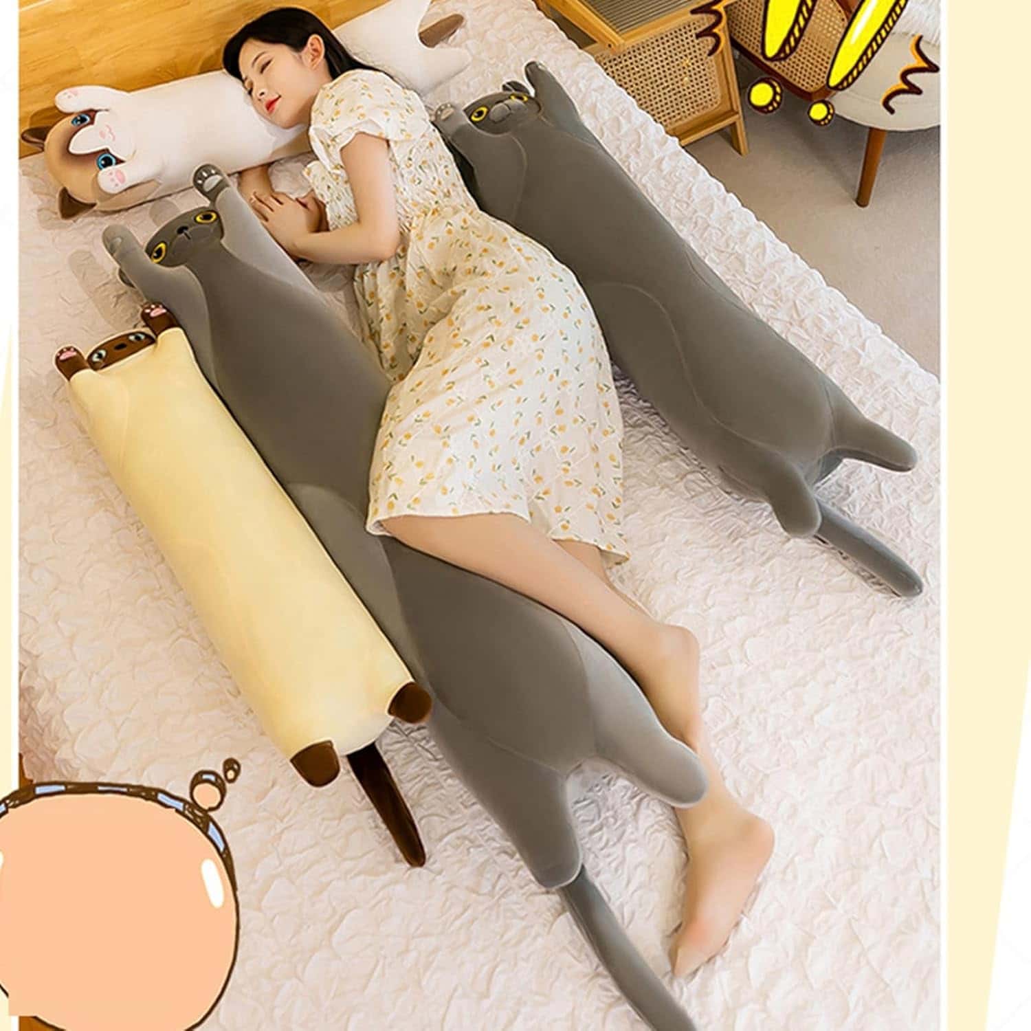 猫型 全身枕 ロングクッション 可愛い マタニティ枕 低反発 円筒クッション 疲れ解消 快眠グッズ 足置き 男女兼用 寝具 安眠 取り外し可能 ぬいぐるみ