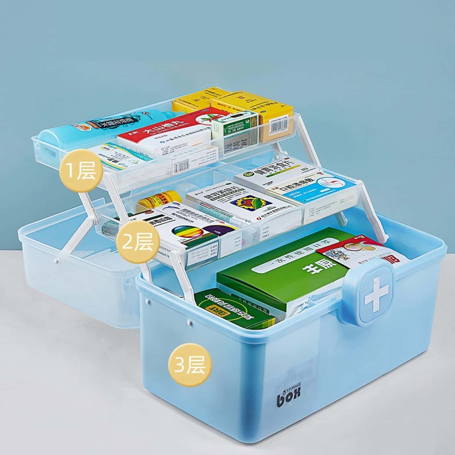 Rakuten - 3段式防水防塵救急セット きゅうきゅうばこ 大容量収納ボックス プラスチック製工具箱 薬入れ 防災グッズ 車載応急処置道具入れ