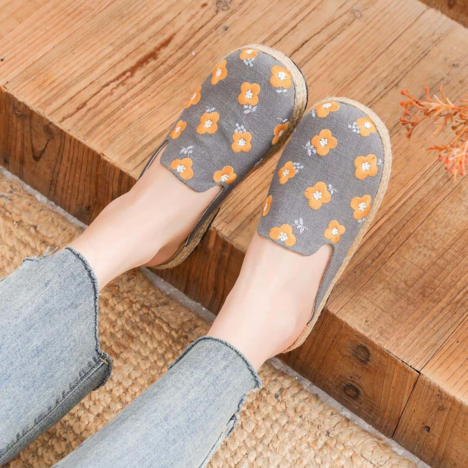 スリッパ レディース ミュール エスパドリーユ ローファー ジュート底 花柄 フラット 旅行 春夏秋 綿麻..