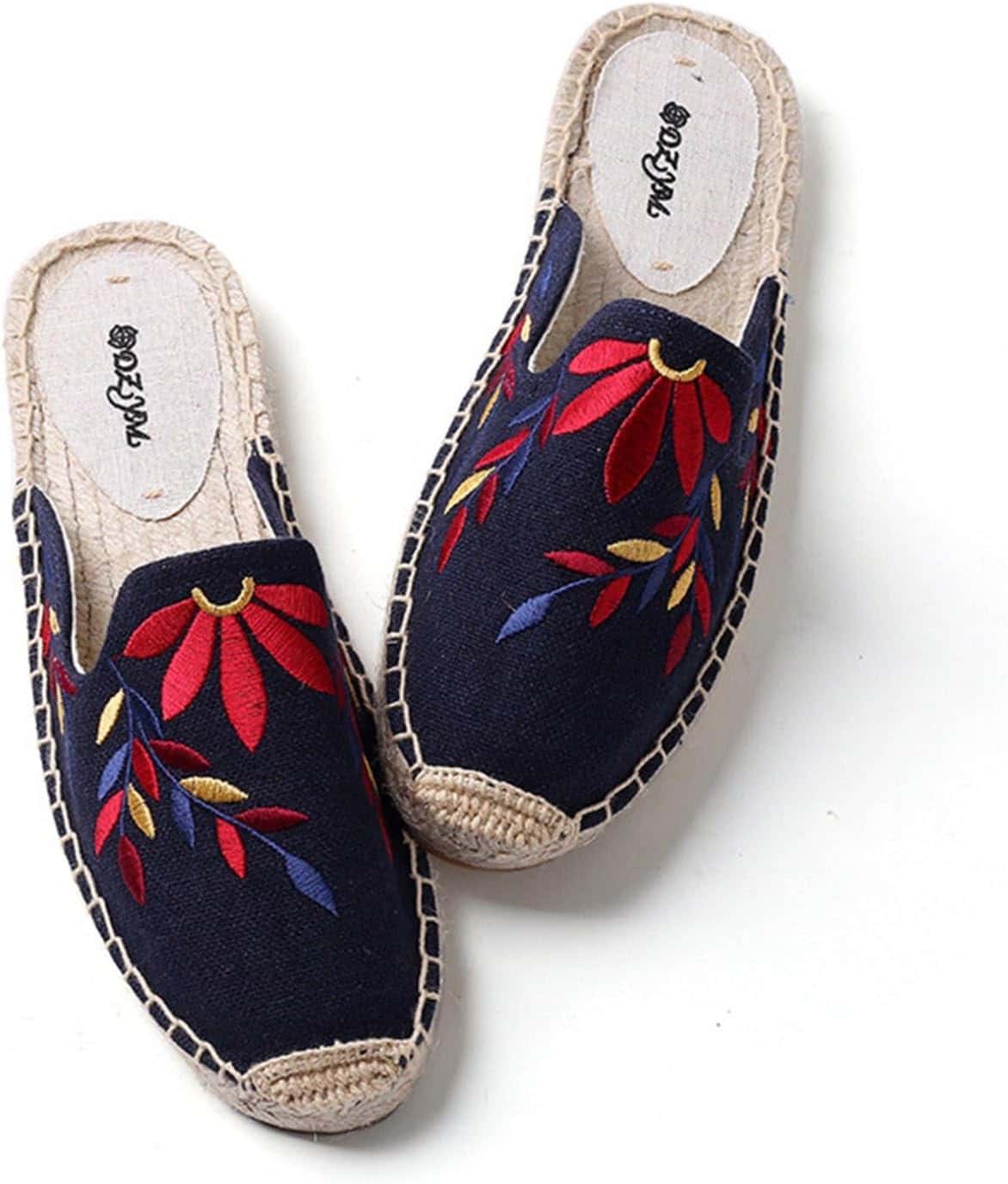 ミュール レディース スリッパ 花刺繍 フラットシューズ ジュート底 エスニック カジュアル 春夏秋 滑..
