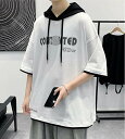 半袖 五分袖 フード付き 丸襟 メンズ Tシャツ 夏服 カジュアル 大きいサイズ 柔らかい 快適 人気 ゆったり おしゃれ 重ね着風 ストリートファッション