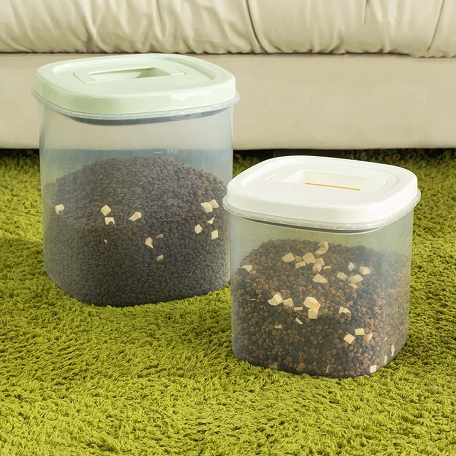 ペットフード保存容器 2.5kg用 餌収納コンテナ ライスディスペンサー 小型 防湿 防虫 穀物収納 透明可視化窓 残量見える グリーン ホワ..