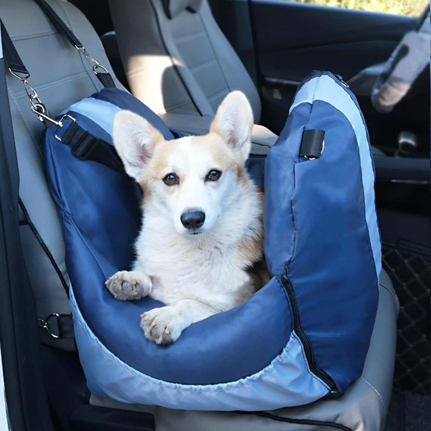 Rakuten - ペット ドライブ ボックス 助手席 キャリーバッグ シートベルト付き 犬 用 車 旅行キャリア カーシート 滑り止め 耐摩耗 取り外し可能 洗濯可能 汚れ防止 車用 ペットキャリー カーキ 50*43*46cm ブルー