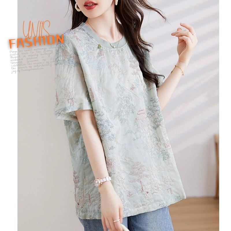 Rakuten - レディース Tシャツ 半袖 刺繍入り ゆったり 体型カバー 大きいサイズ グリーン 緑 花柄 ボタニカル柄 ドロップショルダー 二の腕カバー お腹カバー 楽ちん おしゃれ 可愛い 大人女子 代 代 代 着痩せ きれいめ 上品 通勤 オフィス カジュアル