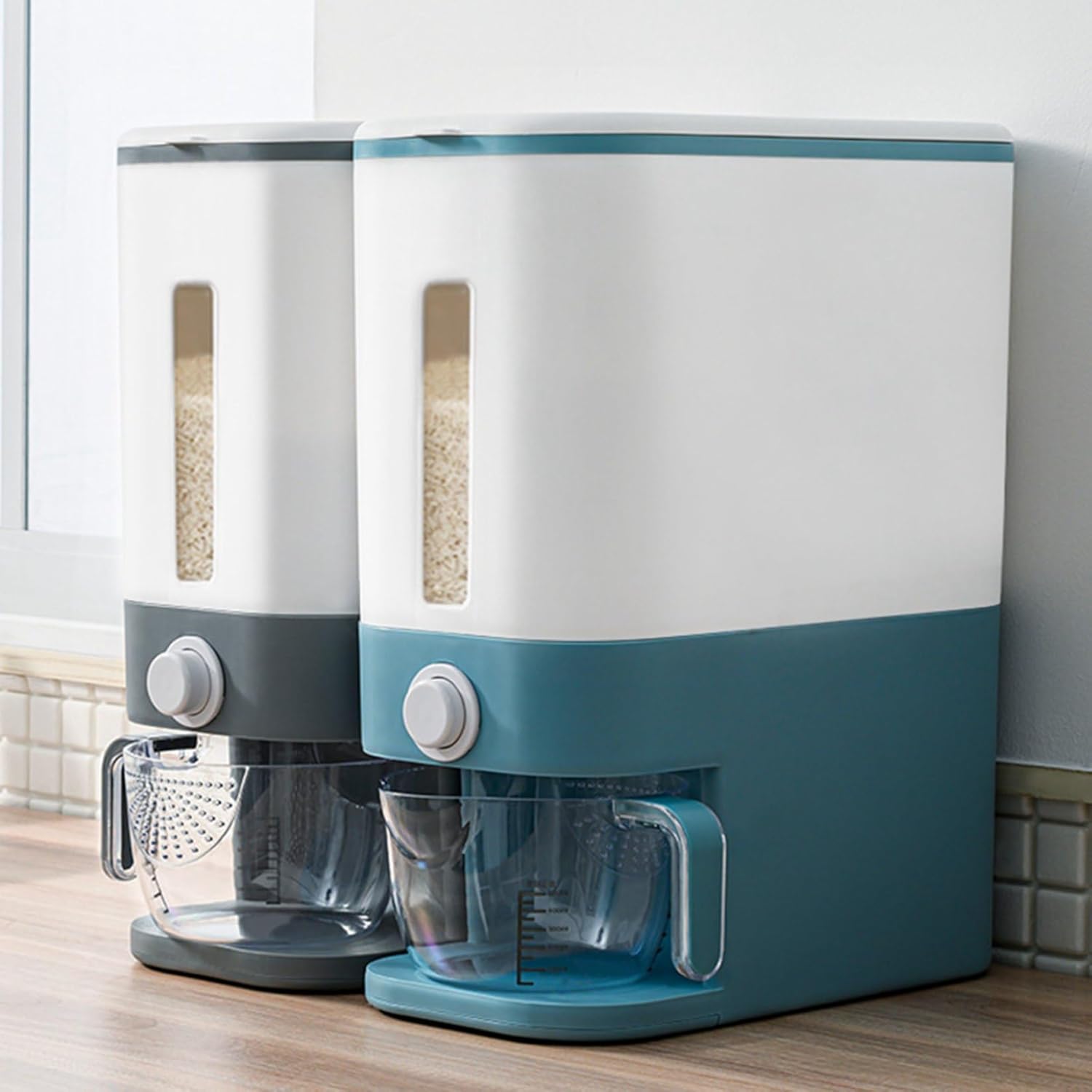 計量カップ付き 米びつ 12kg ボタン押しタイプ ライスボックス 残量確認可 透明可視化窓 防湿 防虫 保..