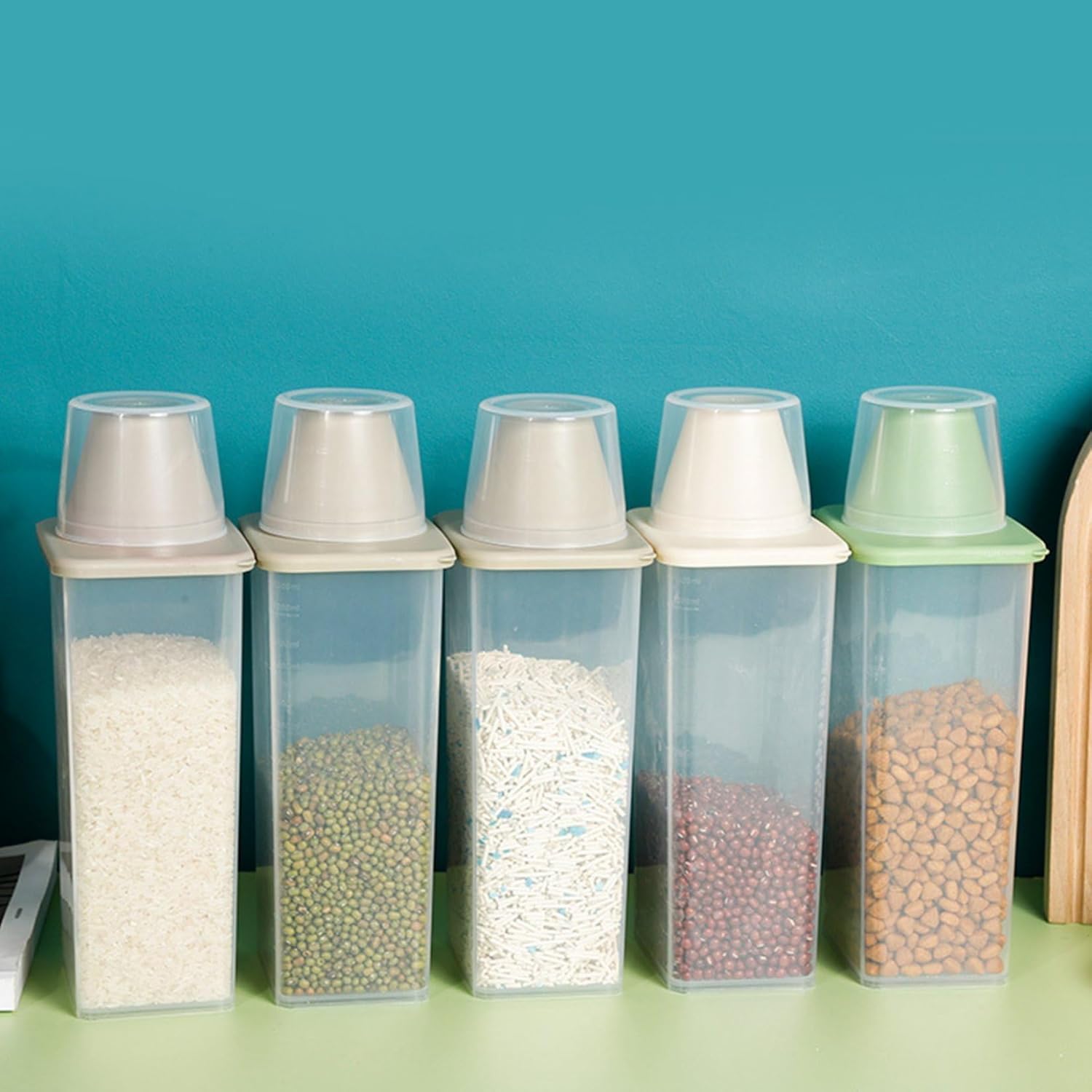 冷蔵庫対応 スリム 米びつ 1300ml ライスストッカー 保存容器 米櫃 お米 保存 残量見える 計量カップ付き ペットフード 密閉 虫除け おしゃれ カーキ ホワイト グリーン