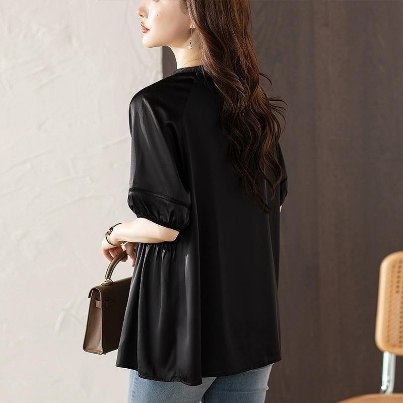 ブラック Vネック シフォントップス レディース 夏 欧米風 おしゃれ 体型カバー ゆったり 大きめサイズ 半袖ブラウス エレガント 通勤 OL きれいめ 代 代 代 着痩せ 二の腕カバー 上品 黒 無地 新