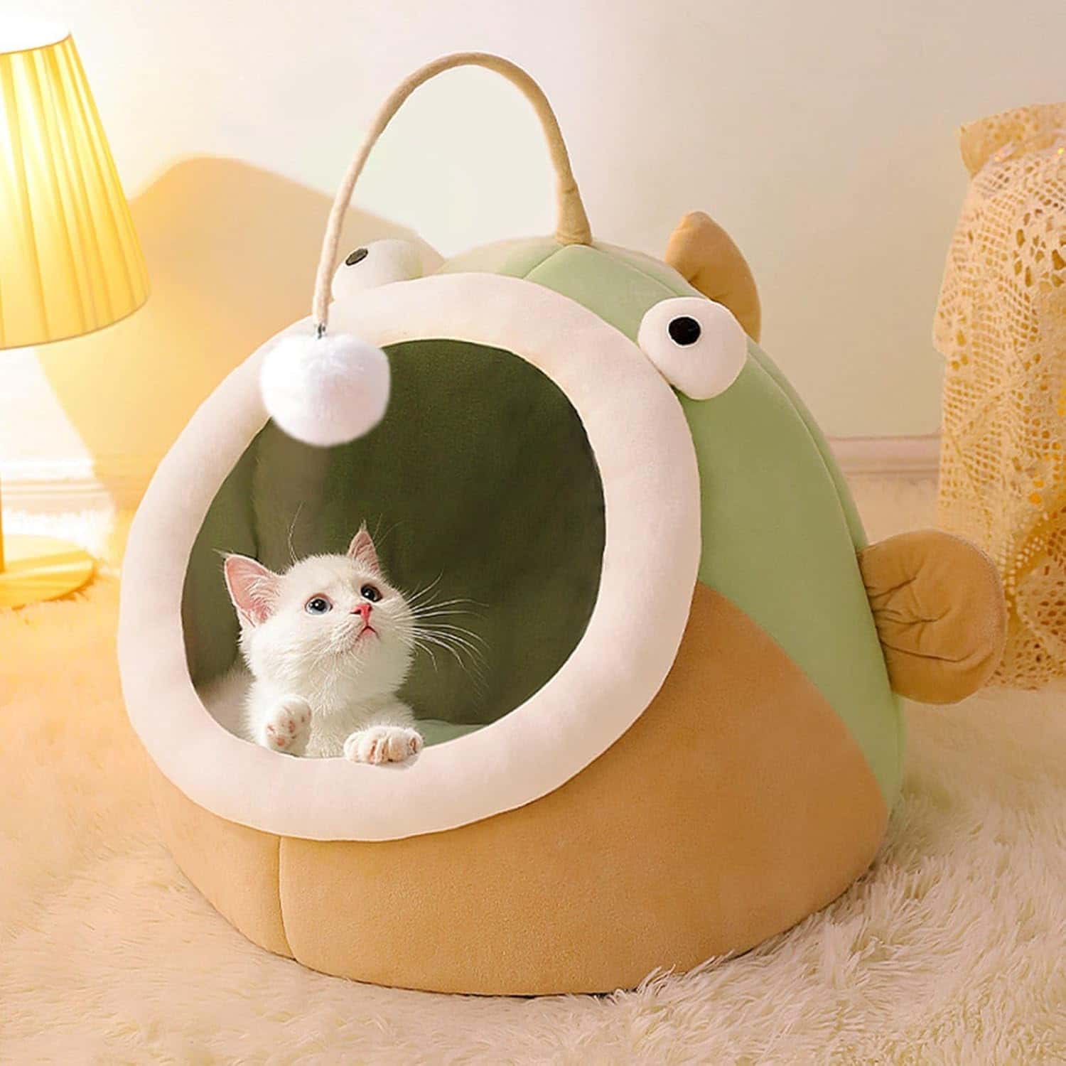 ドーム型ペットベッド おもちゃ付き 夏用 ござ付き可愛い動物デザイン 小型犬用 猫用 滑りにくい裏生地..