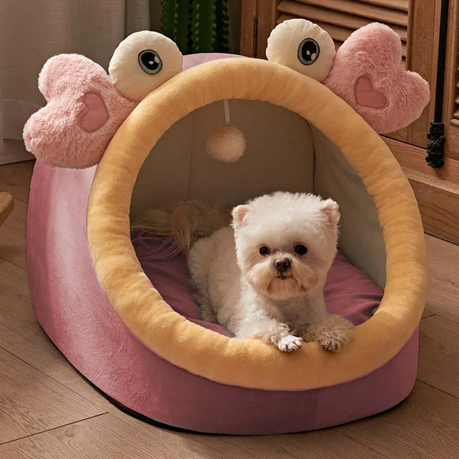 Rakuten - ドーム型ペットベッド 動物デザイン 犬猫用ペットハウス おもちゃ付き 可愛いクッション 滑り止め付き もこもこ室内ソファ ストレス解消