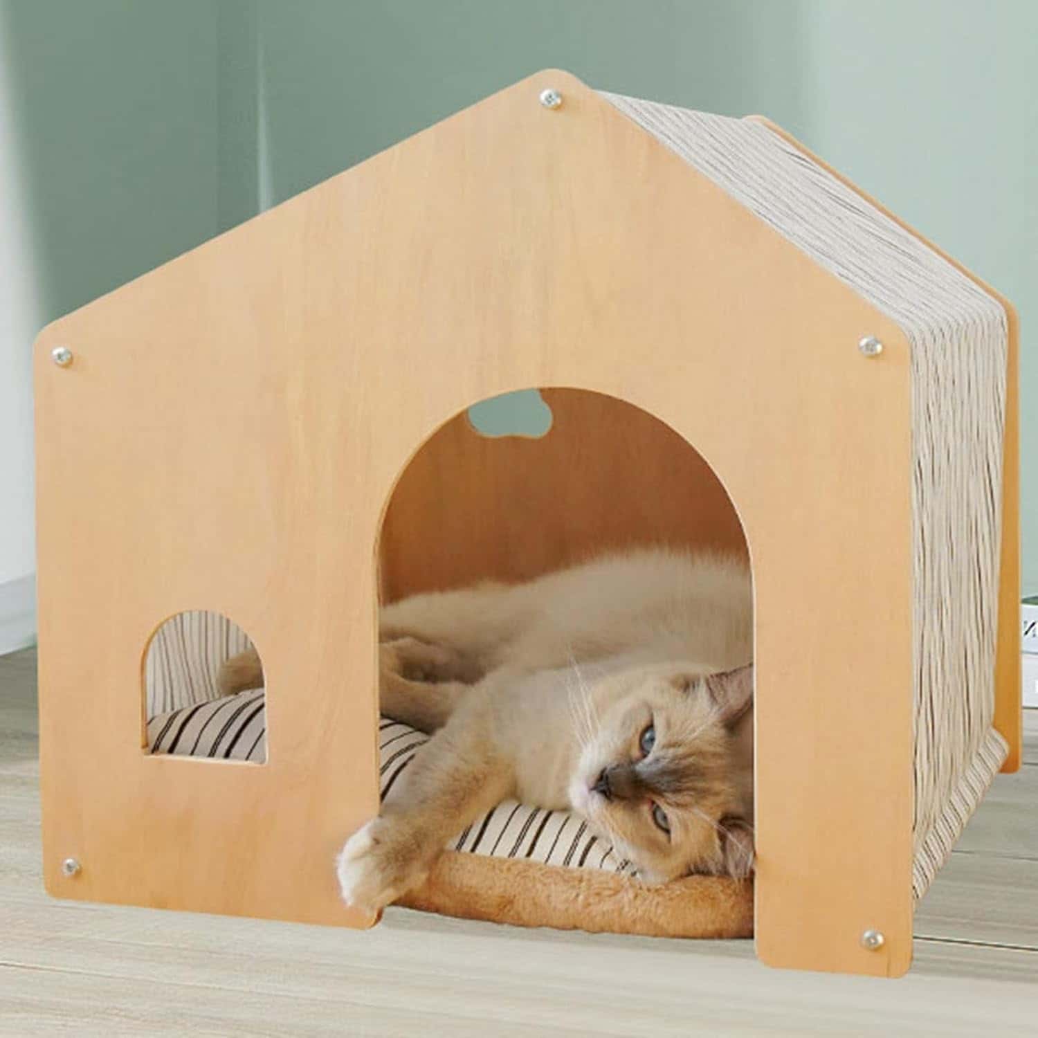 - カラー: グリーン、ピンク、ブルー、ミント、ミント2- サイズ: ワンサイズ- 適用対象: 全種類の猫、小型犬（トイプードル、チワワ、ミニチュアダックス、ポメラニアン、ヨークシャーテリア、ミニチュアシュナウザー、シーズー、マルチーズ）、うさぎなどの小動物。購入前にペットの体重・身長・体長の確認が推奨されます。- 通年使用可能: 秋冬の寒さ対策や、夏場のエアコンの冷え対策にも対応。- 高品質な素材: 防水素材により、屋内外のどこにでも設置可能。半密閉型デザインが厳しい冬の天候からペットを保護。- インテリアに馴染むデザイン: 落ち着いた風合いで様々なコーディネートに合わせやすい。ペットの快適さにも配慮。- 猫のアイホーム: 狭い場所を好む猫ちゃんに最適。大きな入口から中の様子が確認できる安心設計。 - 可愛い外観: モダンで分厚いデザイン。 - 優れたクッション性: PP綿使用でフワフワ、寝心地良好。縫製が丈夫で破れにくい。 - 適用シーン: 小型犬やうさぎなどの小動物に適しています。