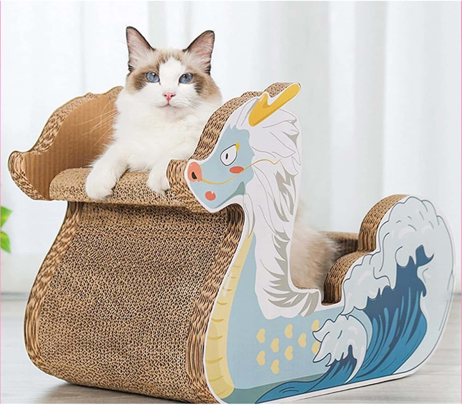 高密度 猫爪磨き 強化ダンボール キャットスクラッチャー ドラゴンボートデザイン 壁や家具保護 耐荷重..