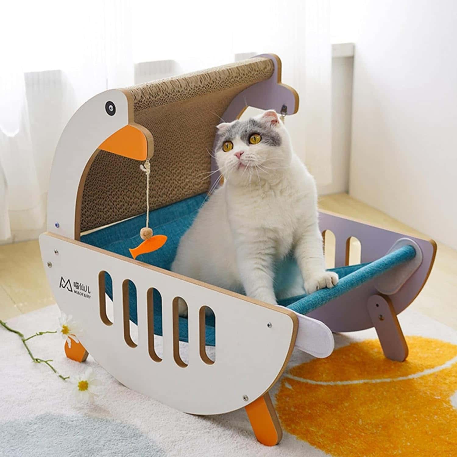 Rakuten - 猫 ダンボールベッド 縦置き 揺り籠デザイン おもちゃ付き 爪磨き 室内用 強化段ボール 高密度 耐荷重 通気性抜群 ストレス発散 可愛い