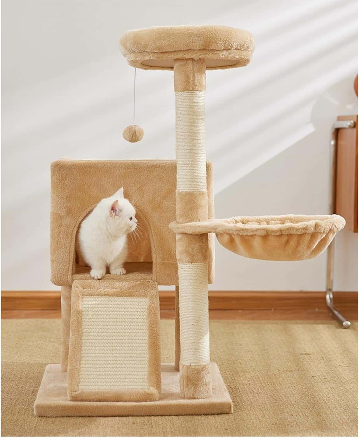 キャットタワー型爪磨きポール おもちゃ付 縦置き 室内用爪研ぎ 麻製 壁や家具保護 高密度強化ダンボール 両用耐荷重 耐噛み 猫遊び 運動不足改善 インテリア用