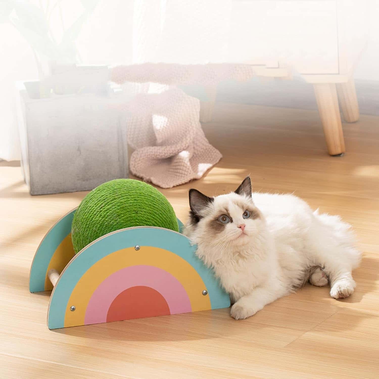 Rakuten - 扇形爪磨き 虹柄デザイン おもちゃ付き ネコの爪とぎ 室内用 麻 原木 耐久性 高密度 ガリガリ運動不足改善