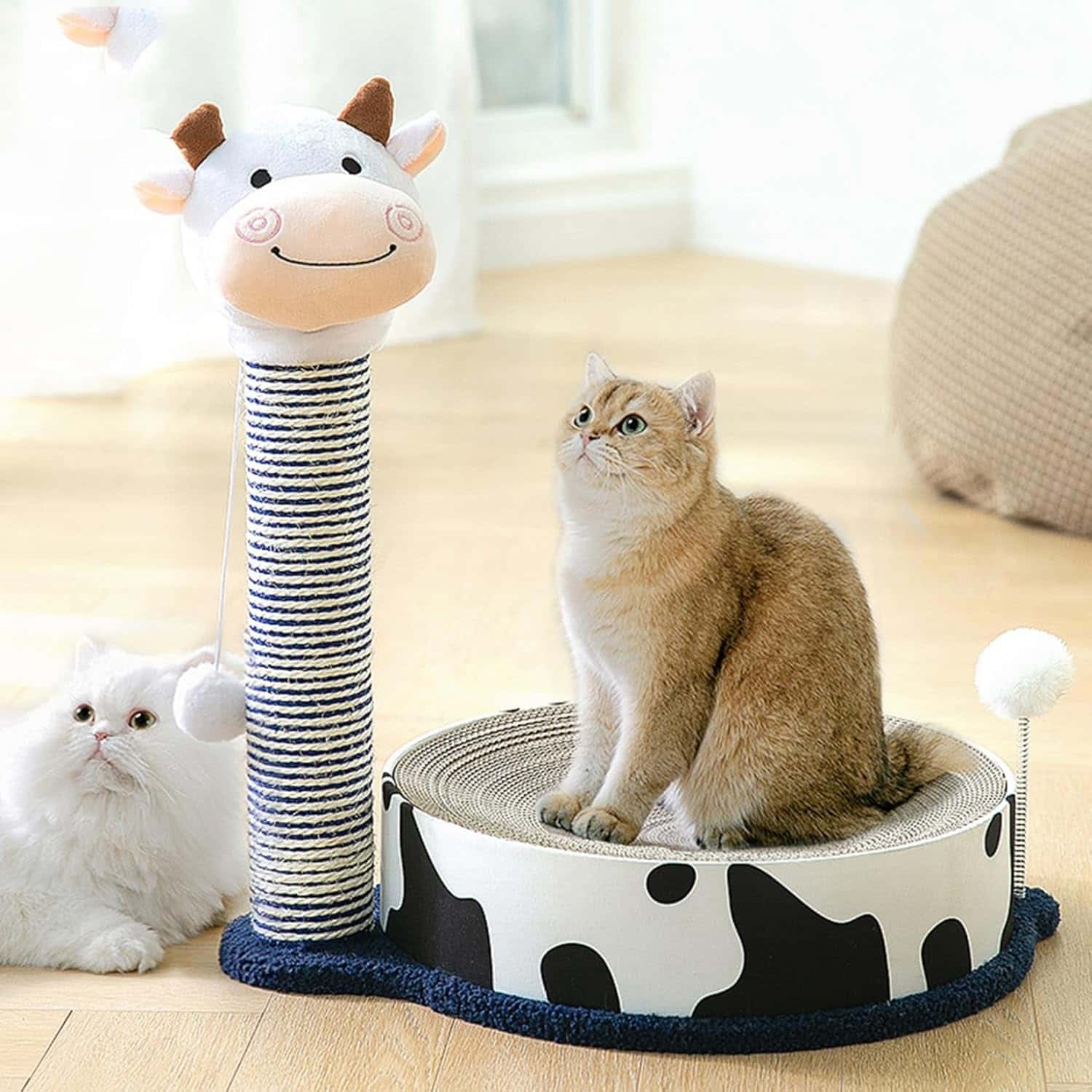 Rakuten - 乳牛デザイン 爪磨き 2way 猫ベッド おもちゃ付き 縦置き ねこ爪とぎ 天然サイザル麻 壁や家具保護 多機能 耐荷重 運動不足解消 寂しさ対策 ねこ用品