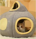 宇宙船型ペットハウス 猫隧道付き ドーム型&クッション型 両用 寒さ対策 お手入れ簡単 爪とぎ可愛いふわふわペット小屋