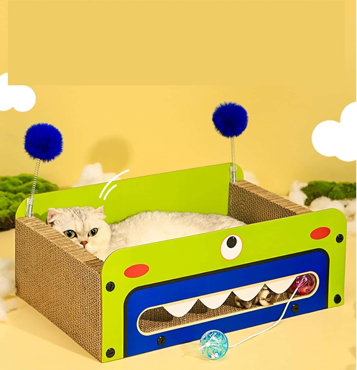 爪磨き 猫の爪研ぎハウス 横置き おもちゃ付き 室内用 高密度 強化段ボール 家具傷防止 通気性抜群 耐噛み ペット用品 収納簡単 運動不足改善 寂しさ解消