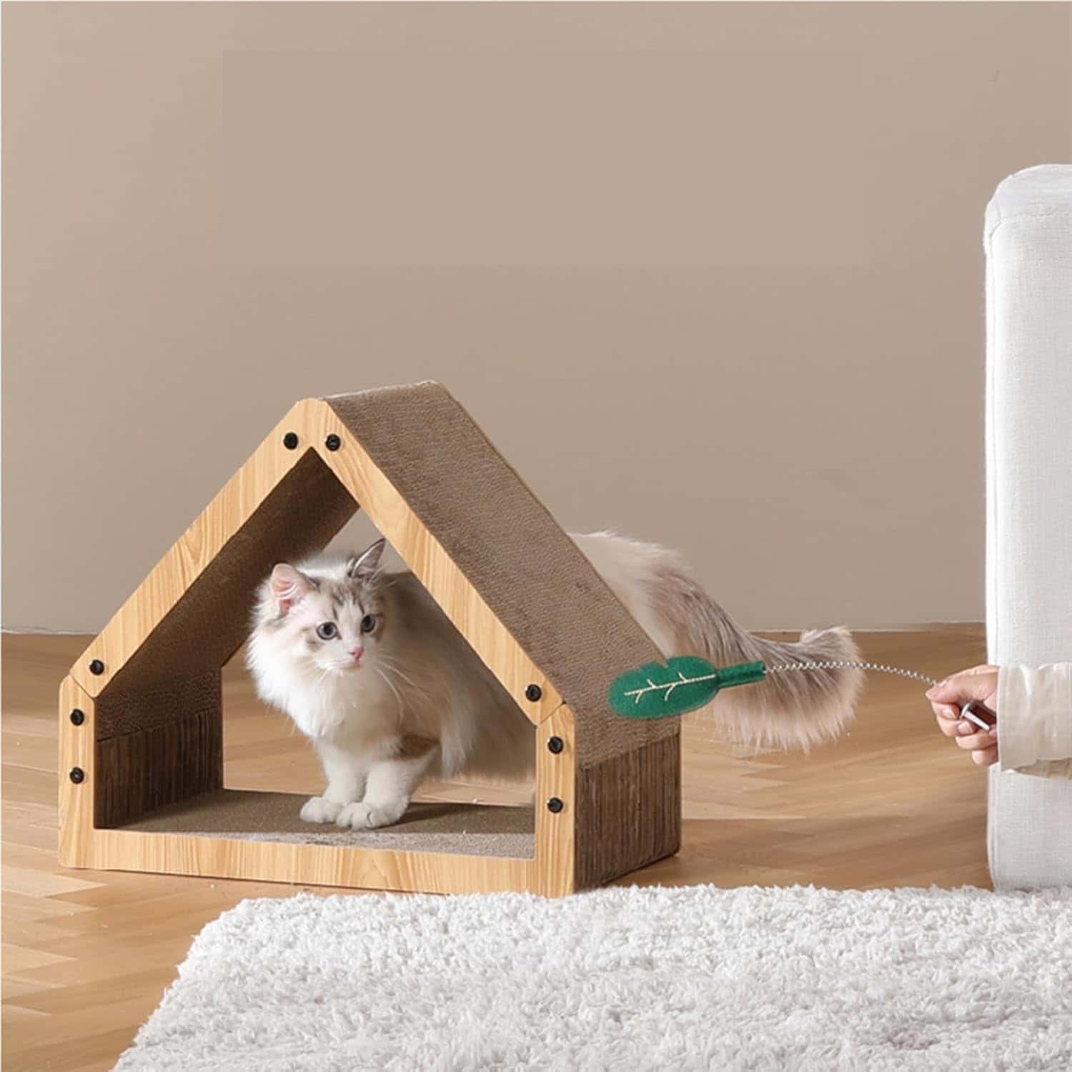Rakuten - ハウス型猫爪とぎ 100％紙製 縦置き 横置き おもちゃ付き 高密度強化段ボール 家具傷防止 簡単お手入れ 耐荷重 収納簡単 通気性抜群 頑丈 知育玩具 運動不足解消 寂しさ対策