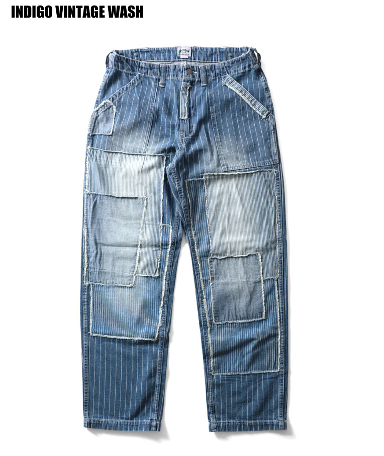 HOUSTON / ヒューストン 10011 REPAIR DENIM FATIGUE PANTS / パッチワークデニムファティーグパンツ -全1色- コットン ヴィンテージ風 ヒッコリー ジッパーフライ シャンブレー 10オンス メンズ リメイク ベイカーパンツ リペア ゆったり[10011]