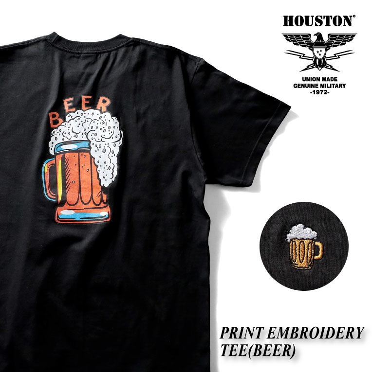 楽天UNION　NETSTOREHOUSTON / ヒューストン 21962 PRINT EMBROIDERY TEE （BEER） / プリント刺繍半袖Tシャツ （ビール） -全2色- コットン クルーネック メンズ レディース 大きいサイズ ゆったり お酒 ワンポイント 春夏 [21962]