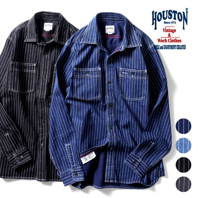 HOUSTON/ヒューストン 40691 WABASH WORK SHIRT / ウォバッシュワークシャツ -全2色- ブラック 黒 ビンテージ ユニオンチケット ダブルステッチ ストライプ メンズ レディース 大きいサイズ ゆったり 長袖シャツ インディゴ ヴィンテージ ミリタリー MILITARY