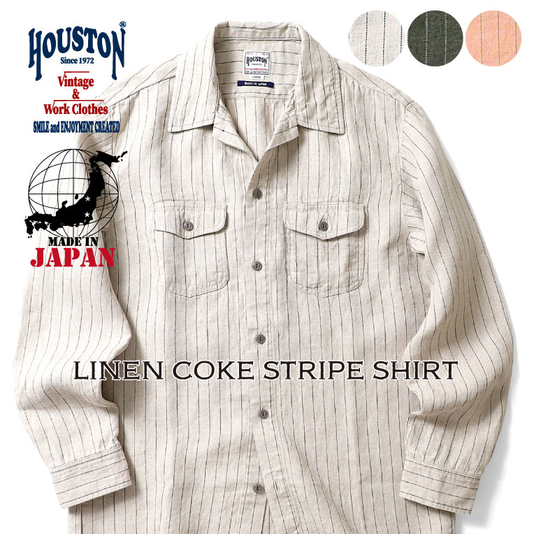 HOUSTON / ヒューストン 40908 LINEN COKE STRIPE SHIRT / リネンコークストライプシャツ -全3色- オープンカラー/ワークシャツ/日本製/シンプル/ペンポケット/MADE IN JAPAN/アメカジ 