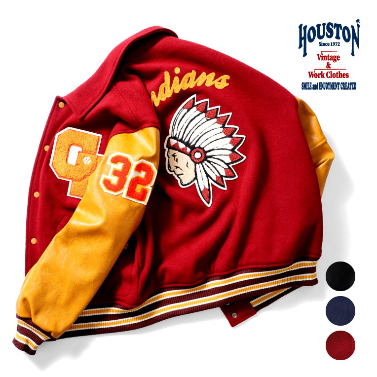 HOUSTON / ヒューストン 51191 MELTON AWARD JACKET(INDIANS) / メルトンアワードジャケット -全3色- スタジャン フェイクレザー ヴィンテージ 中綿 インディアン ミリタリー MILITARY メンズ 大きいサイズ アイビールック カレッジ アイビー ワッペン カスタム [51191]