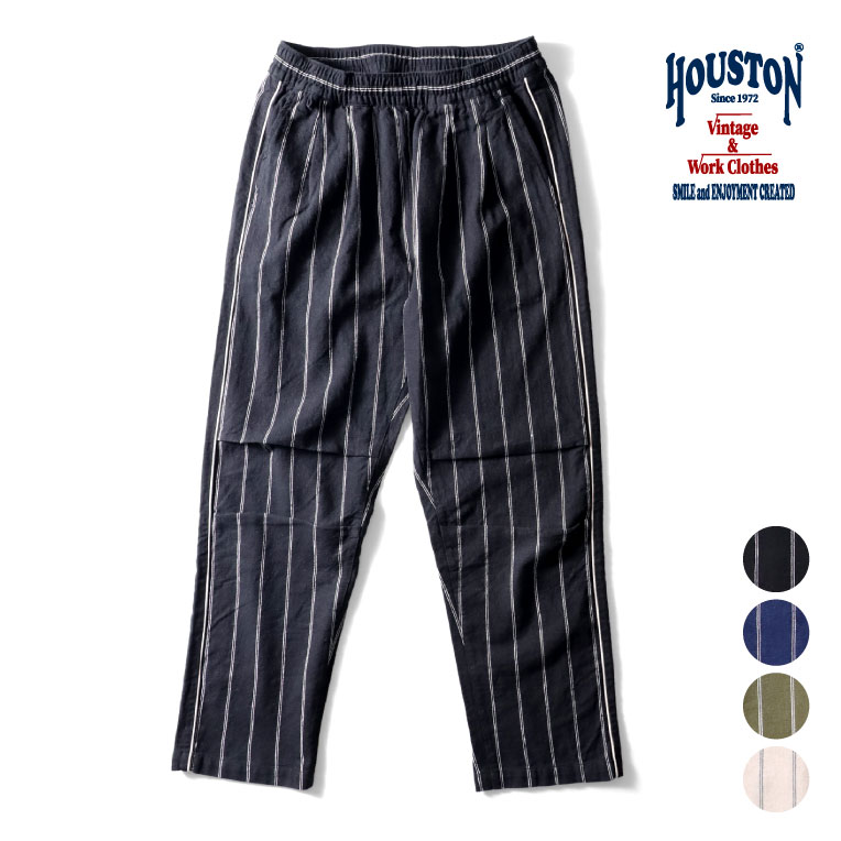 HOUSTON / ヒューストン 10087 COTTON LINEN STRIPE EASY PANTS / 綿麻ストライプイージーパンツ -全4色- メンズ シーズンレス シンプル ミリタリー ワイド ループ ポケット タック ウエストゴム 