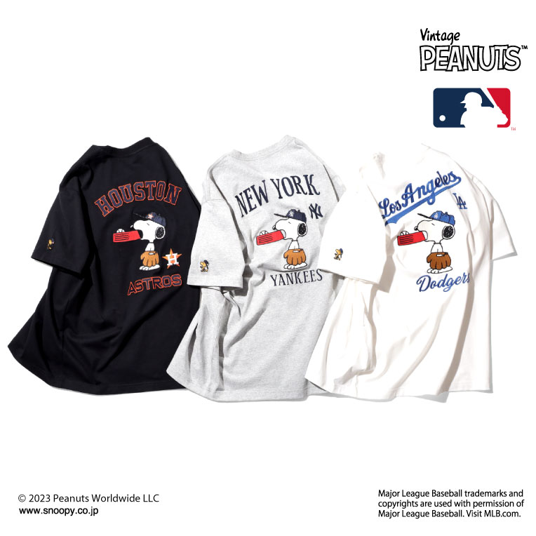 HOUSTON / ヒューストン 22107 PEANUTS × MLB EMB TEE(SNOOPY) / 刺繍半袖Tシャツ (スヌーピー)-全3色- メンズ レディース メジャーリーグ ピーナッツ アストロズ ドジャース ヤンキース 野球 ベースボール コラボ 大きいサイズ 22107