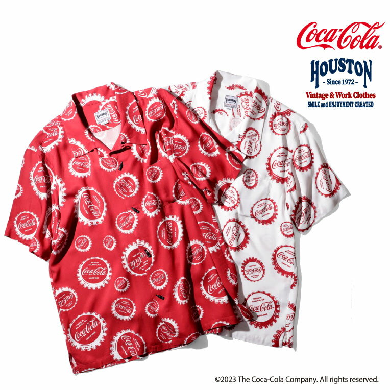 HOUSTON / ヒューストン 41029 COCA-COLA ALOHA SHIRTS(BOTTLE CAP) / コカ・コーラ アロハシャツ(ボトルキャップ)-全2色- メンズ レディース 半袖シャツ 大きいサイズ 春夏 レーヨン 男女兼用 ギフト プレゼント [41029]