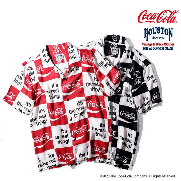 HOUSTON / ヒューストン 41030 COCA-COLA ALOHA SHIRTS(it's the real thing) / コカ・コーラ アロハシャツ-全2色- メンズ レディース 半袖シャツ 大きいサイズ 春夏 レーヨン 男女兼用 ギフト プレゼント [41030]