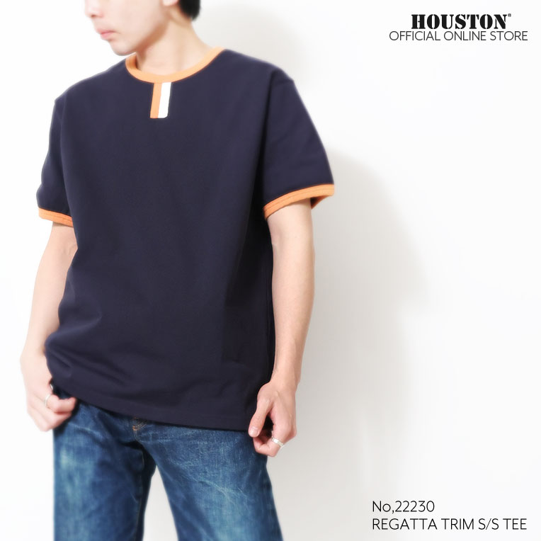 HOUSTON / ヒューストン 22230 REGATTA TRIM S/S TEE / レガッタトリム半袖Tシャツ -全3色- メンズ シンプル ミリタリー 大きいサイズ バインダーネック アメカジ ヴィンテージ リブ [22230]