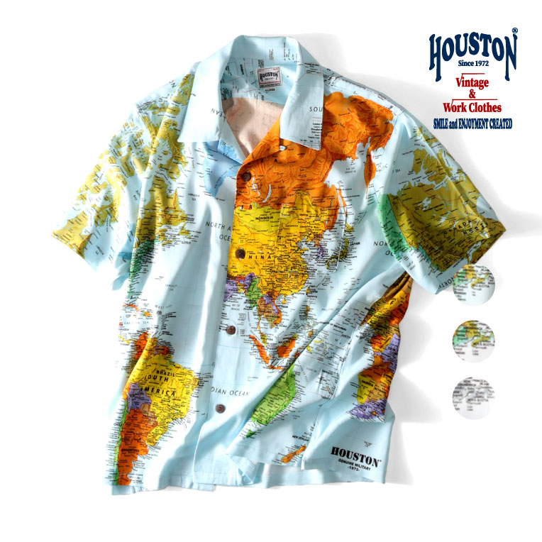 HOUSTON / ヒューストン 41104 ALOHA SHIRT (MAP) / アロハシャツ -全3色- メンズ 派手 ハワイアンシャツ 半袖シャツ ミリタリー カジュアル アメカジ ヴィンテージ 世界地図 カラフル モノクロ マップ[41104]