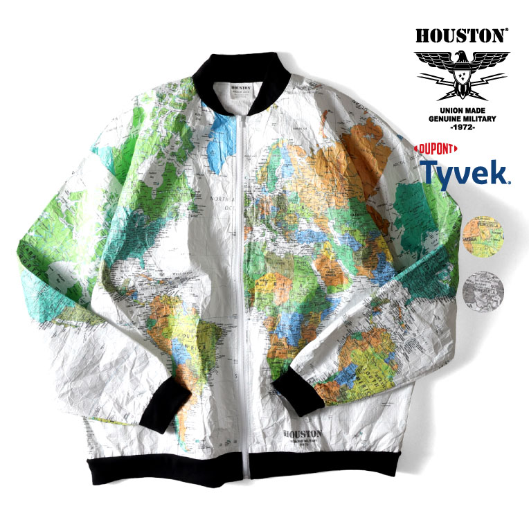 HOUSTON / ヒューストン 51337 TYVEK PAPER JACKET / タイベックペーパージャケット -全2色- メンズ 世界地図 大きいサイズ ポケット ジップアップ モノクロ アメカジ ヴィンテージ [51337]
