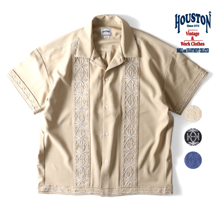 HOUSTON / ヒューストン 41137 CORD EMBROIDERY S/S SHIRT / コード刺繍半袖シャツ -全3色- メンズ シンプル カジュアル アメカジ ヴィンテージ リゾート ワイドシルエット [41137]